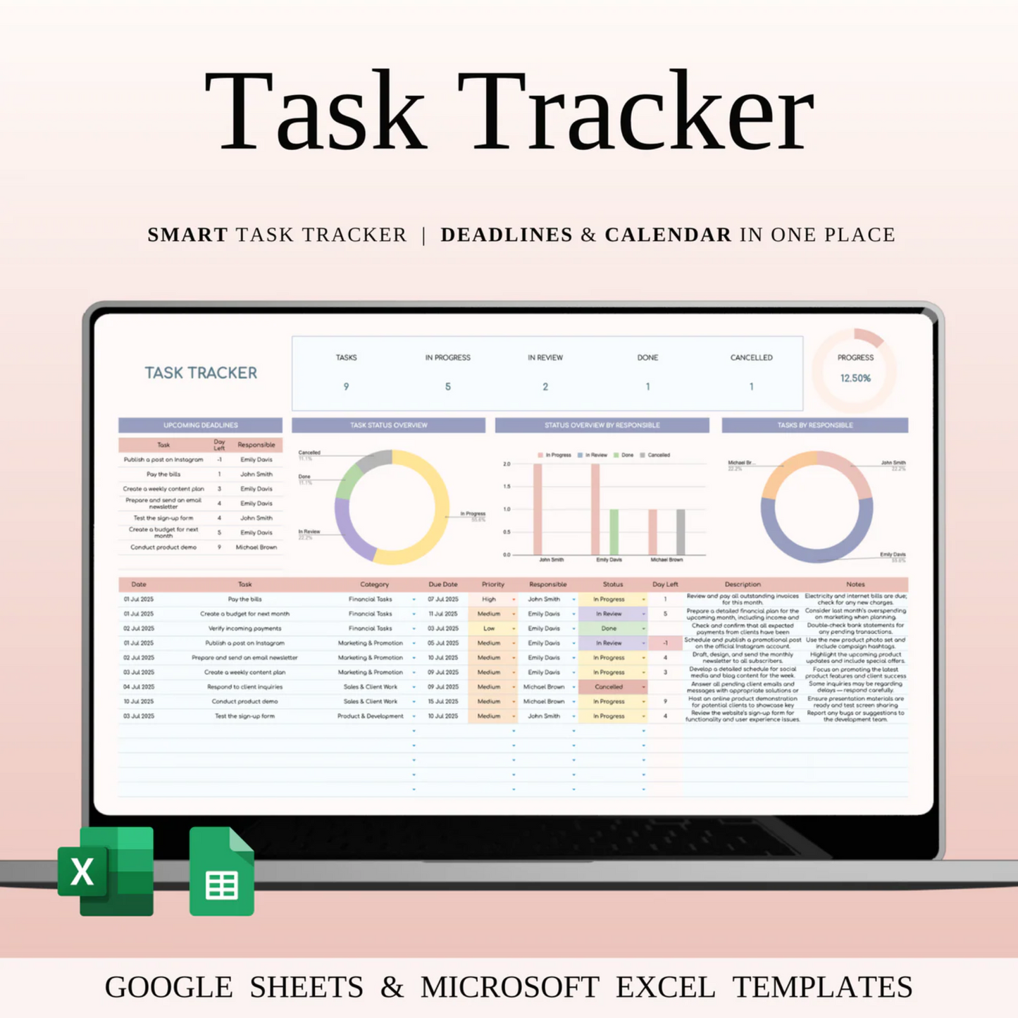 Task Tracker Template Spreadsheet for Google Sheets & Excel