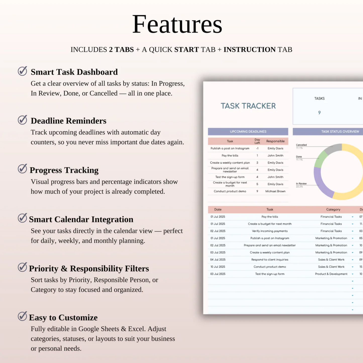 Task Tracker Template Spreadsheet for Google Sheets & Excel