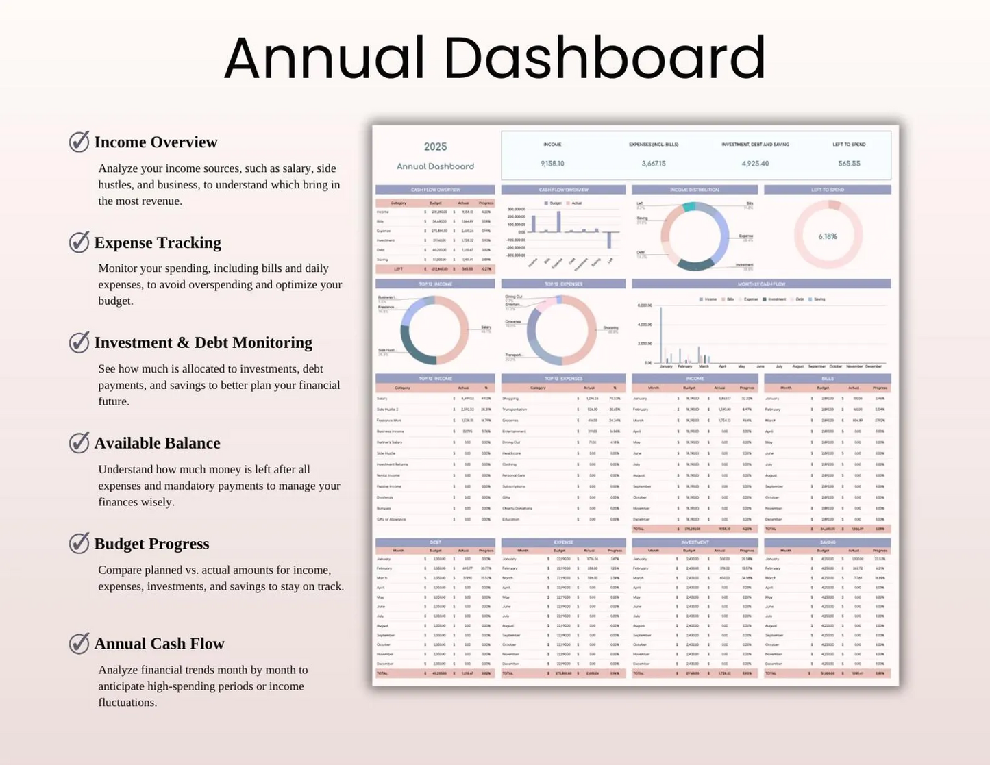 Ultimate Annual Budget Spreadsheet | Google Sheets & Excel | Yearly Finance & Expense Tracker