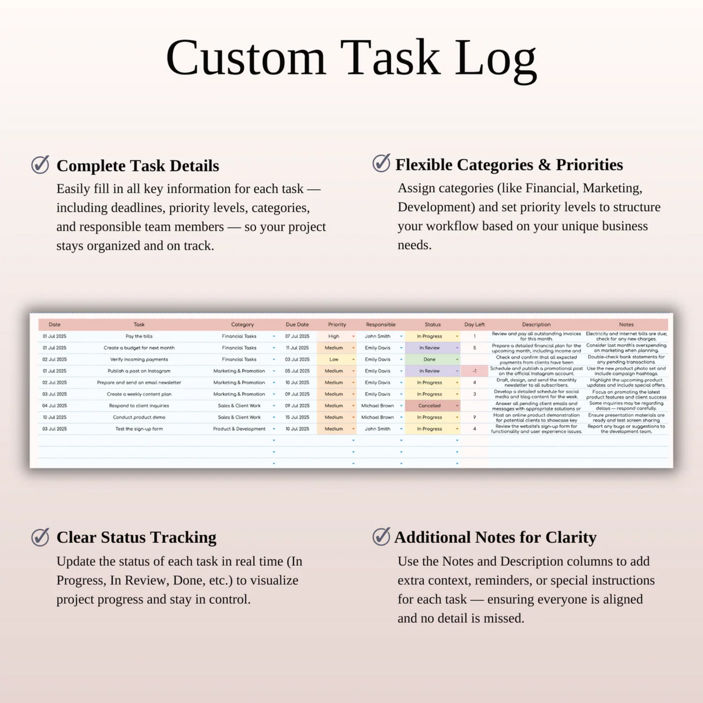 Task Tracker Template Spreadsheet for Google Sheets & Excel