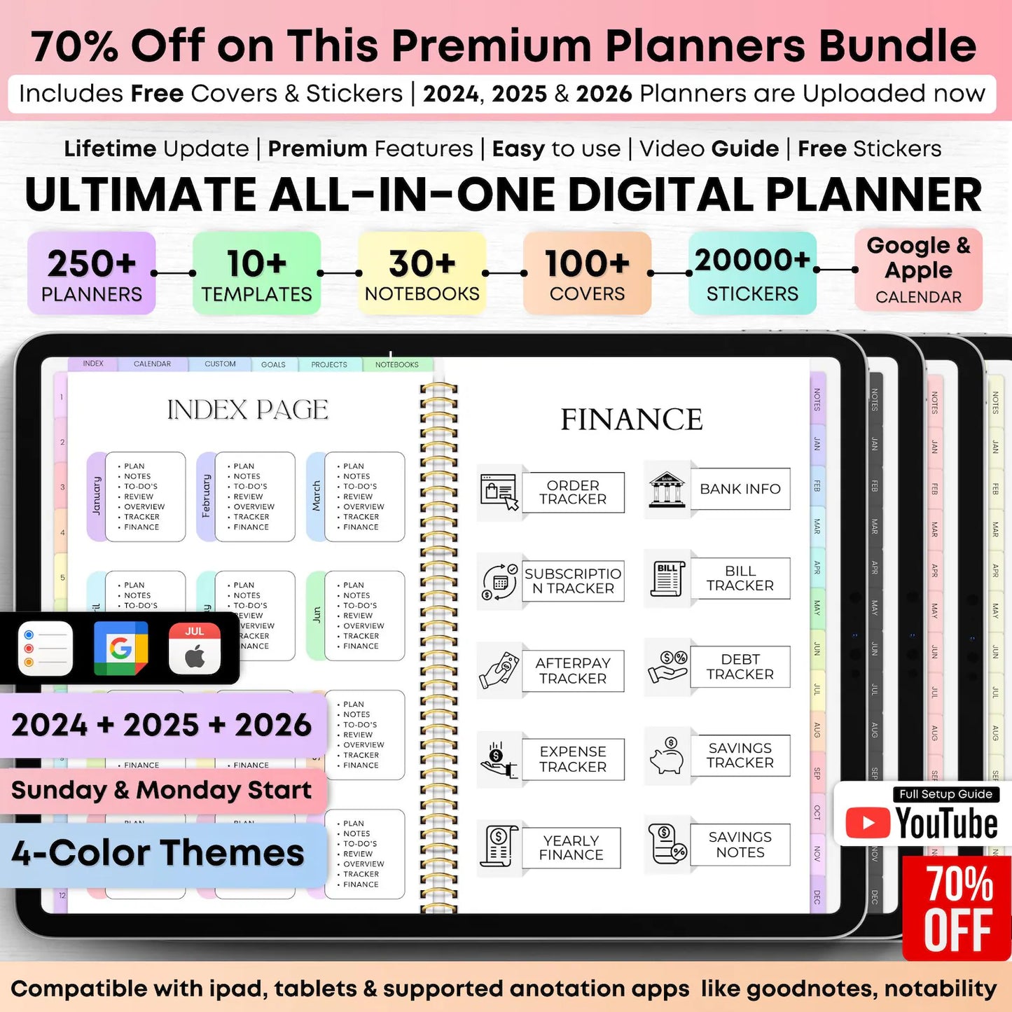 All-in-One Digital Planner 2024, 2025, 2026, Undated Digital Planner, Digital Journal, Digital Goodnotes Template, Notability, Daily Planner